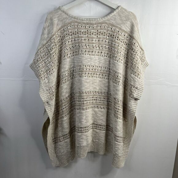 Eddie Bauer Sz M / L Poncho Sweater Beige Open Knit V-neck Short Sleeve Women’s - Picture 9 of 10